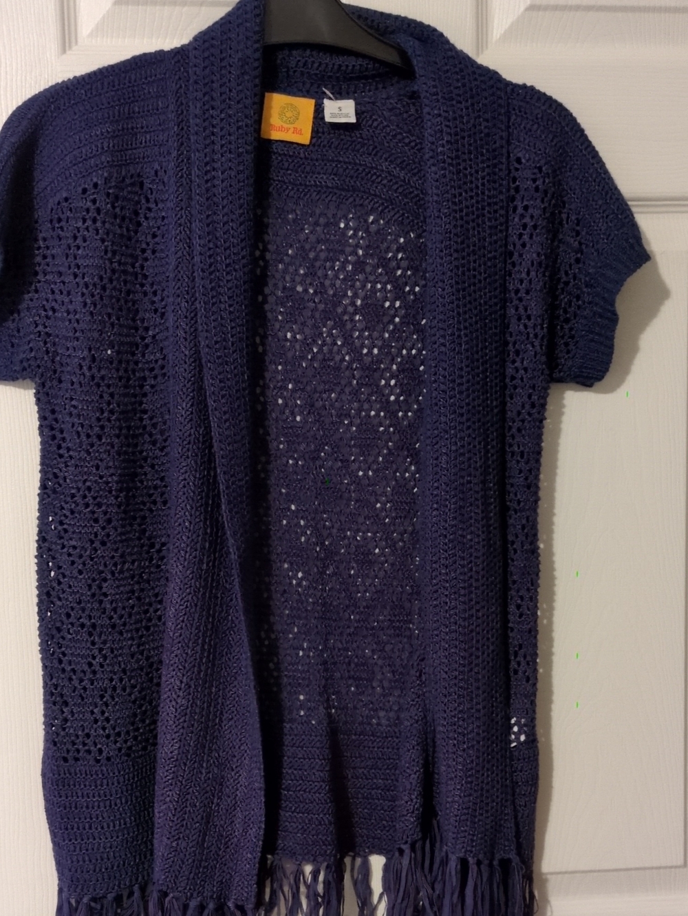 Ruby Rd. Navy Open-Front Crochet Fringe Cardigan